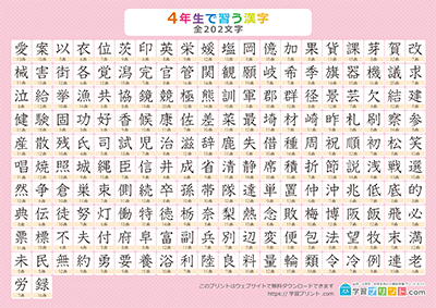 小学4年生の漢字一覧表（画数付き） ピンク A4